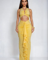 Sun Cascade Cut - Out Maxi Dress - Butter Yellow - Palazzo Couture Online