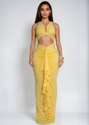 Sun Cascade Cut - Out Maxi Dress - Butter Yellow - Palazzo Couture Online