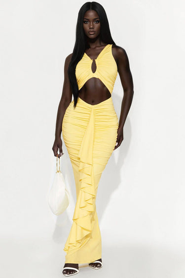 Sun Cascade Cut - Out Maxi Dress - Butter Yellow - Palazzo Couture Online