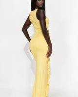 Sun Cascade Cut-Out Maxi Dress - Butter Yellow close up detail of cut-out design and fabric