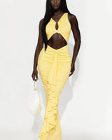 Sun Cascade Cut-Out Maxi Dress - Butter Yellow front view showing full-length maxi silhouette