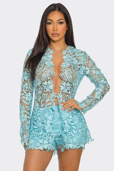 Sunlit Field Lace Short Set Baby Blue - Palazzo Couture Online