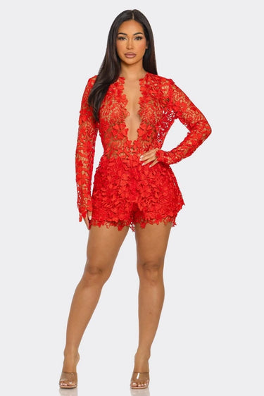Sunlit Field Lace Short Set Coral showing coordinated top and shorts construction
