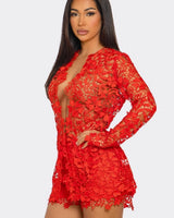 Sunlit Field Lace Short Set Coral close up of lace top design and fabric detail