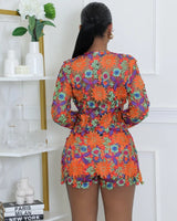 Sunlit Field Lace Short Set (Orange) close up of lace top design and fabric detail