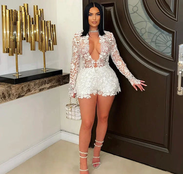 Sunlit Field Lace Short Set (White) front view showing complete two piece short set