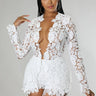 Sunlit Field Lace Short Set (White) close up of lace top design and fabric detail
