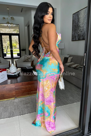 Satin maxi dress – colorful swirl design