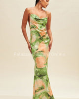 Tropical green satin maxi dress with cowl neckline
