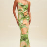 Tropical green satin maxi dress with cowl neckline
