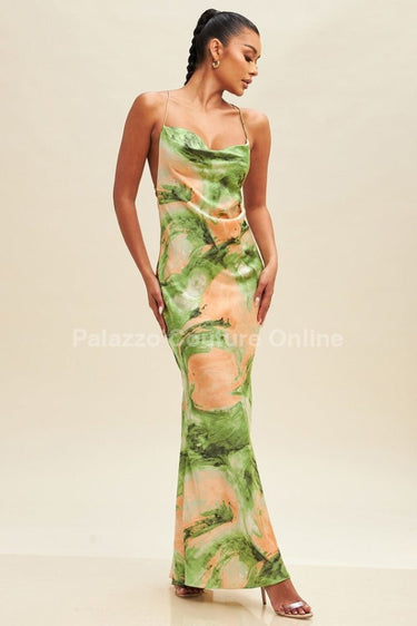 Tropical green satin maxi dress with cowl neckline