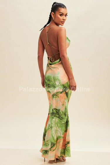Satin maxi dress featuring gold detail and open back