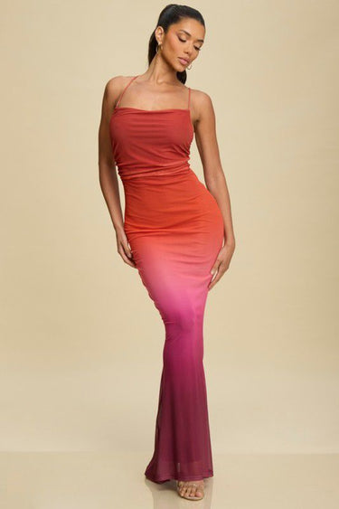 Sunset Mirage Mesh Maxi Dress - Rust/Plum - Palazzo Couture Online