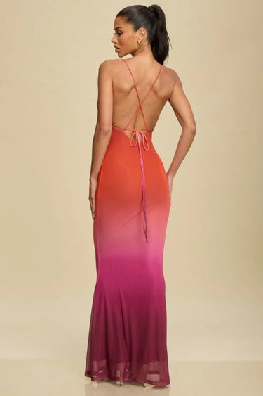 Sunset Mirage Mesh Maxi Dress - Rust/Plum close up detail of mesh design and fabric