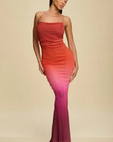 Sunset Mirage Mesh Maxi Dress - Rust/Plum front view showing full-length maxi silhouette