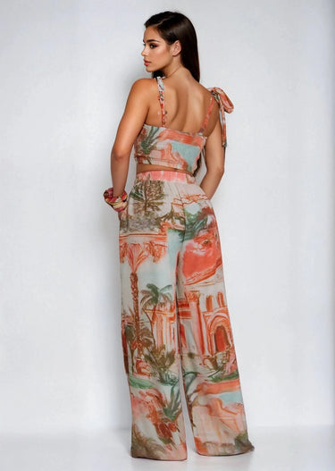 Sunset Riviera Pant Set - Brown close up of matching top design and fabric detail