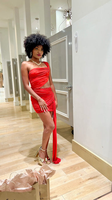 Sunshine One - Shoulder Lace Cutout Mini Dress - Red - Palazzo Couture Online