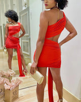 Sunshine One-Shoulder Lace Cutout Mini Dress - Red side view highlighting short hemline