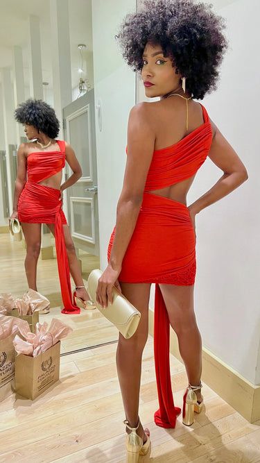 Sunshine One-Shoulder Lace Cutout Mini Dress - Red side view highlighting short hemline