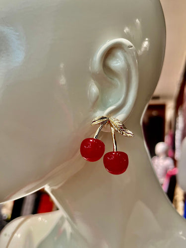 Ruby red cherry earrings with stem detail – bold statement jewelry for women