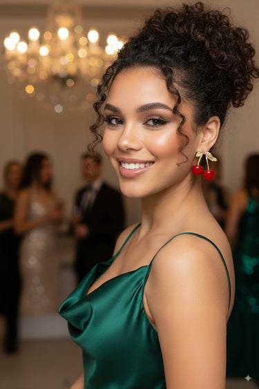 Red cherry drop earrings – playful fruit inspired accessory for women