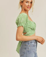 Sweet Angel Green Crop Top with Floral Print and Puff Sleeves - women's cropped top