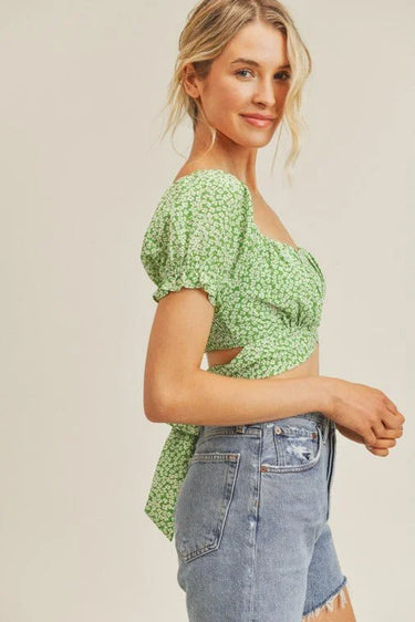 Sweet Angel Green Crop Top with Floral Print and Puff Sleeves - women's cropped top