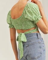 Sweet Angel Green Crop Top with Floral Print and Puff Sleeves - trendy women's top