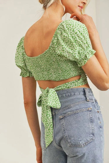 Sweet Angel Green Crop Top with Floral Print and Puff Sleeves - trendy women's top