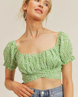 Sweet Angel Green Crop Top with Floral Print and Puff Sleeves - stylish going out crop top