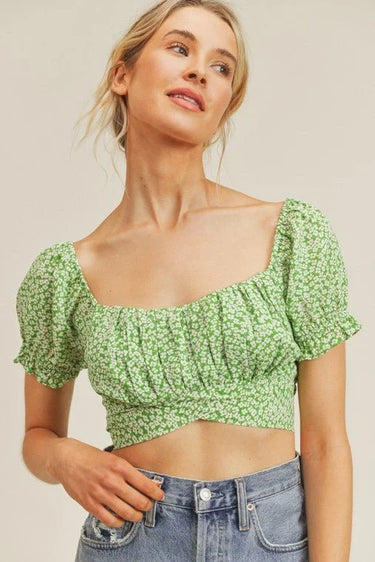 Sweet Angel Green Crop Top with Floral Print and Puff Sleeves - stylish going out crop top