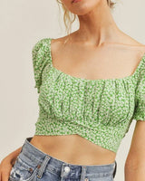 Sweet Angel Green Crop Top with Floral Print and Puff Sleeves - chic crop top by Palazzo Couture