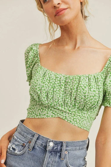 Sweet Angel Green Crop Top with Floral Print and Puff Sleeves - chic crop top by Palazzo Couture