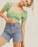 Sweet Angel Green Crop Top with Floral Print and Puff Sleeves for women - crop top by Palazzo Couture