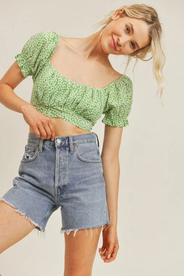 Sweet Angel Green Crop Top with Floral Print and Puff Sleeves for women - crop top by Palazzo Couture