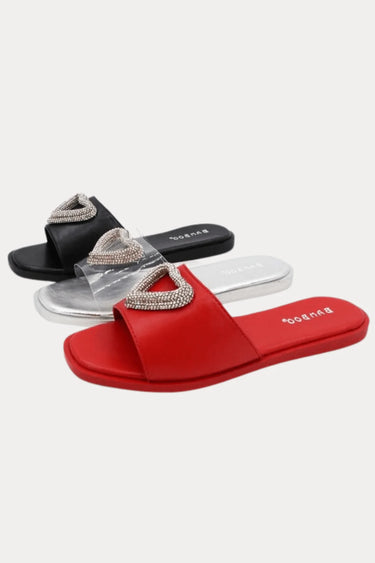 Sweet Heart Red Flat Sandals with Metallic Heart Detail - women's wedge sandals