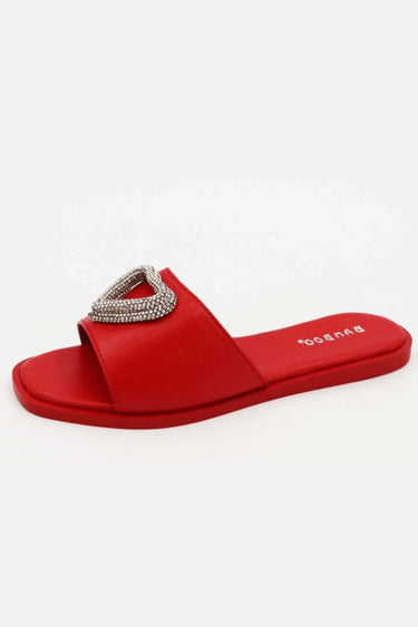 Sweet Heart Red Flat Sandals with Metallic Heart Detail for women - stylish shoes by Palazzo Couture