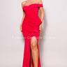 Off-shoulder ruffled maxi dress in red with twist-front design