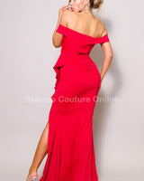 Red maxi dress styled with gold heels for an evening look