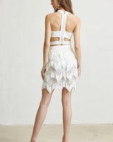 Tassel Trim knit Top and Skirt Set (White) side view showing skirt silhouette and fit