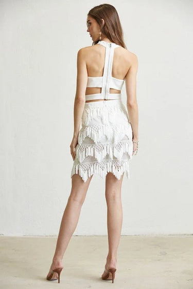Tassel Trim knit Top and Skirt Set (White) side view showing skirt silhouette and fit