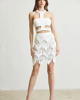 Tassel Trim knit Top and Skirt Set (White) close up of knit top design and fabric