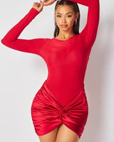 Temptress Elegant Long Sleeve Ruched Mini Dress Red - Palazzo Couture Online