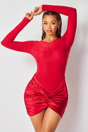 Temptress Elegant Long Sleeve Ruched Mini Dress Red - Palazzo Couture Online