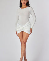 Temptress Elegant Long Sleeve Ruched Mini Dress White - Palazzo Couture Online