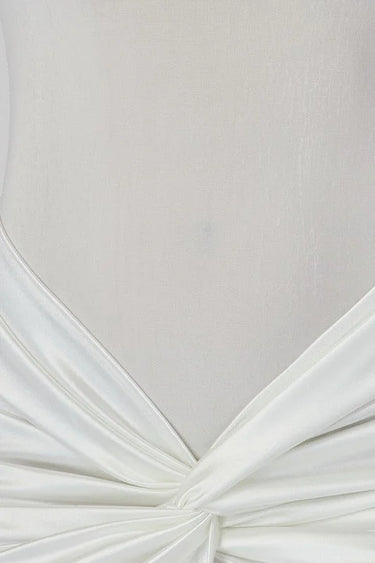 Temptress Elegant Long Sleeve Ruched Mini Dress White close up detail of long sleeve design