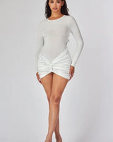 Temptress Elegant Long Sleeve Ruched Mini Dress White front view showing mini dress silhouette