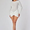 Temptress Elegant Long Sleeve Ruched Mini Dress White front view showing mini dress silhouette