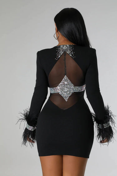 Women's Black mini dress feather style back view