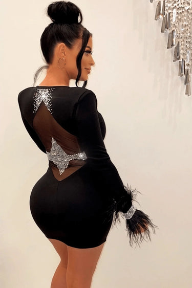 Tessai Crystal Black Feather and Rhinestone Dress - Black close up detail of feather design